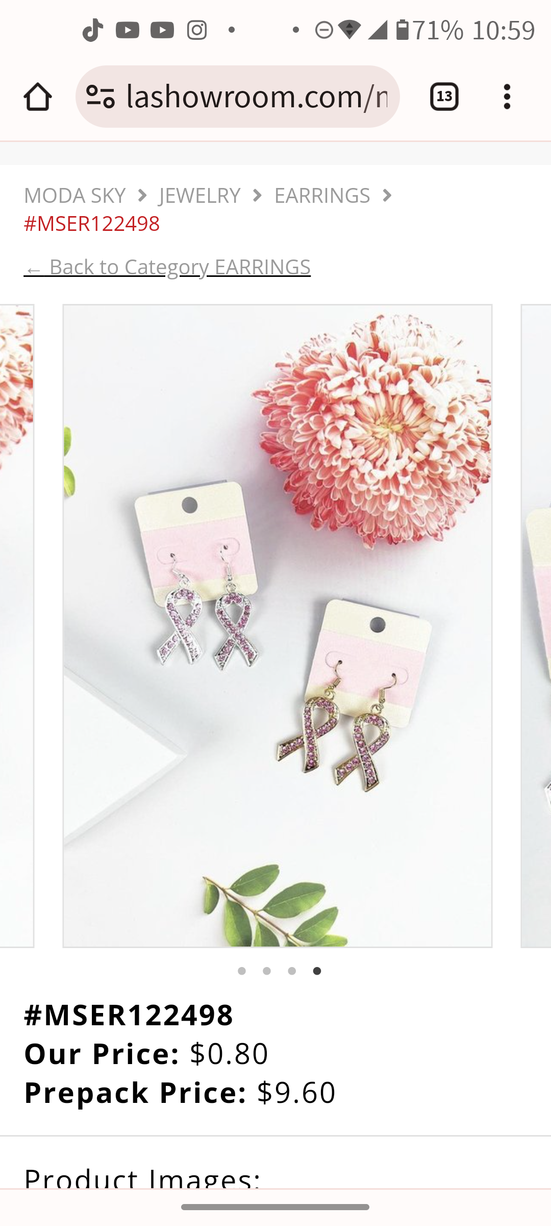 Ladies Teens Women Rhinestone Breast Cancer Awareness Ribbon Earrings