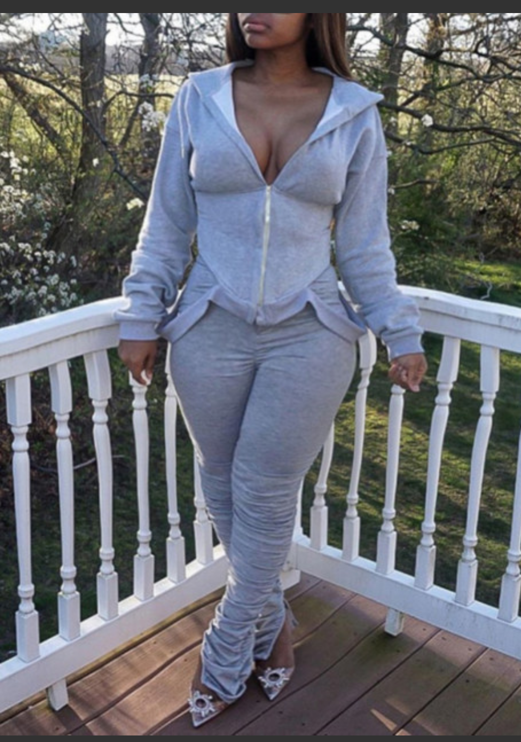 Ladies/Women CasualGrey Polyester Hooded Zipper Design Two Piece Pant Set