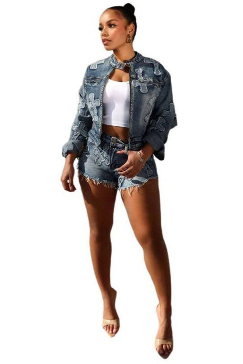 FASHION DENIM TWO PIECE SHORT SET
