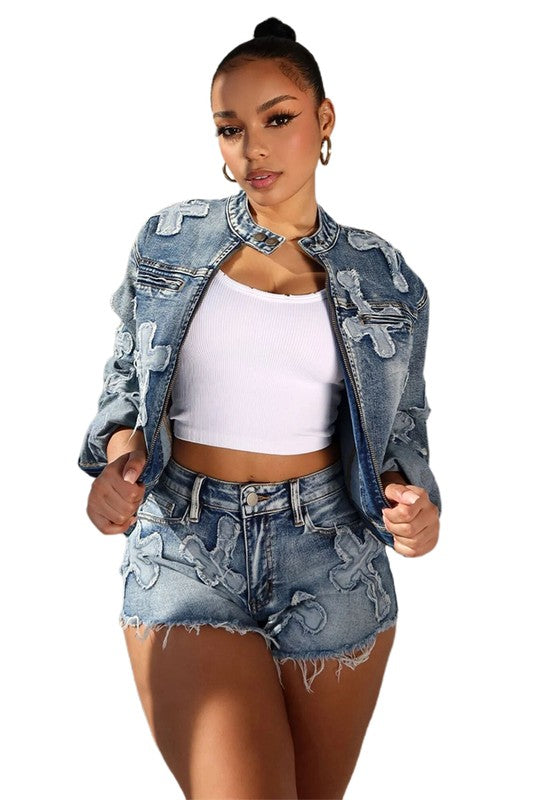 FASHION DENIM TWO PIECE SHORT SET