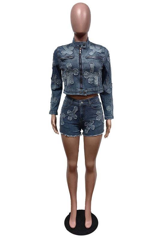 FASHION DENIM TWO PIECE SHORT SET