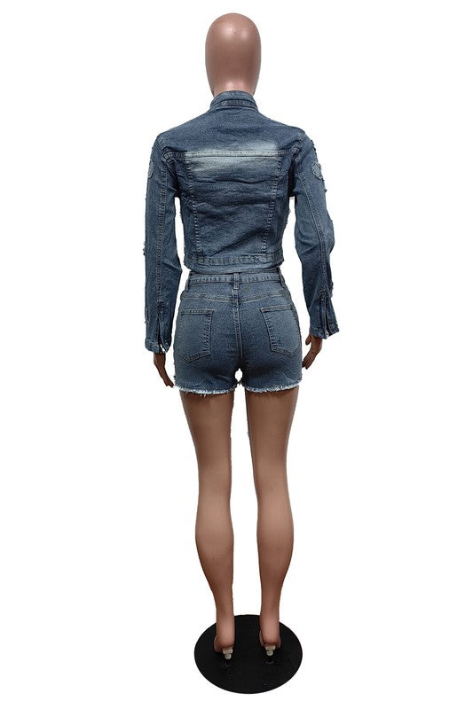 FASHION DENIM TWO PIECE SHORT SET