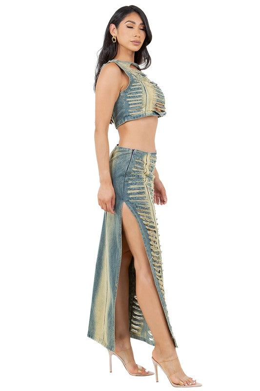 FASHION DENIM TWO PIECE SKIRT SET