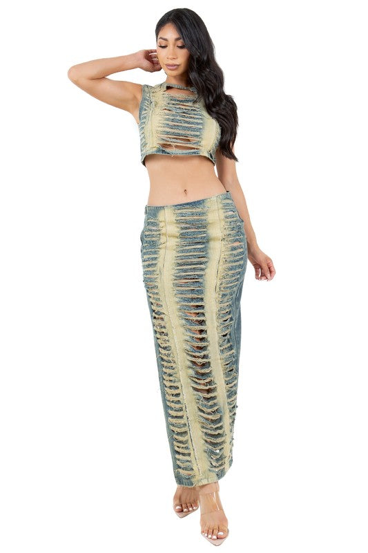 FASHION DENIM TWO PIECE SKIRT SET