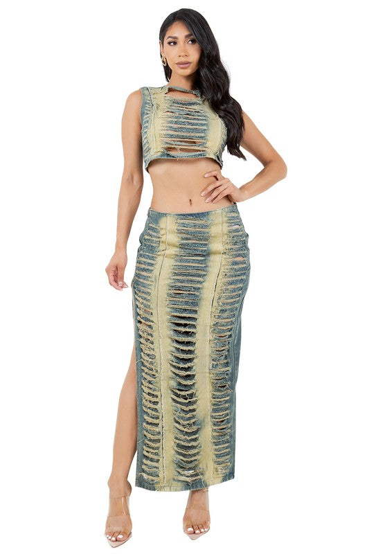 FASHION DENIM TWO PIECE SKIRT SET
