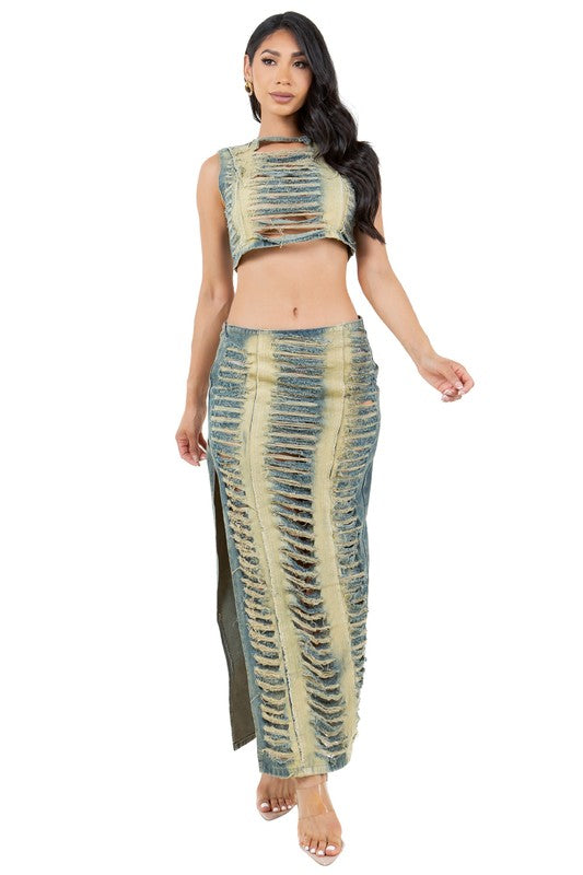 FASHION DENIM TWO PIECE SKIRT SET