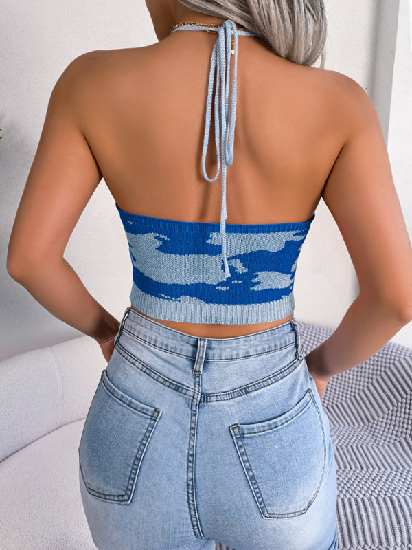 Women's Sexy Cow Pattern Waist Sling Cropped Knitted Sweater