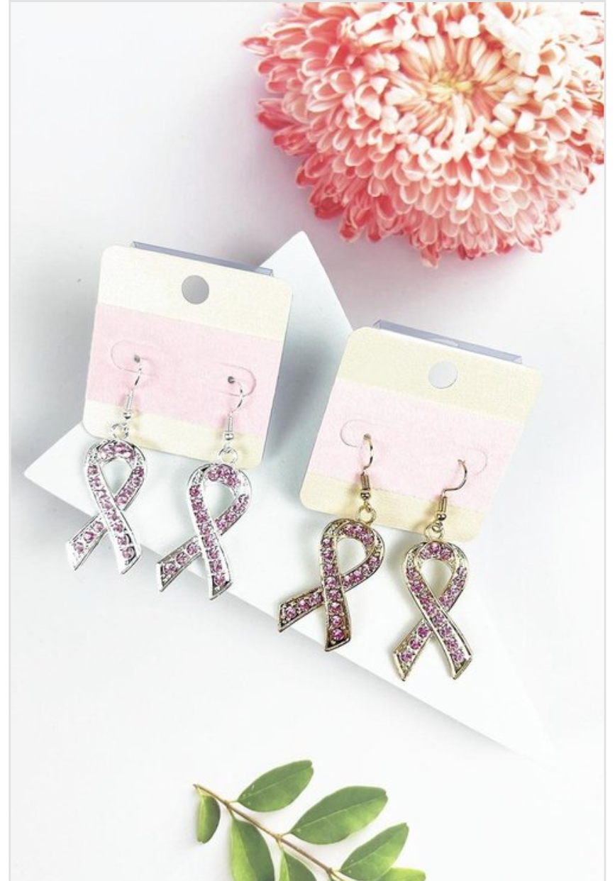 Ladies Teens Women Rhinestone Breast Cancer Awareness Ribbon Earrings