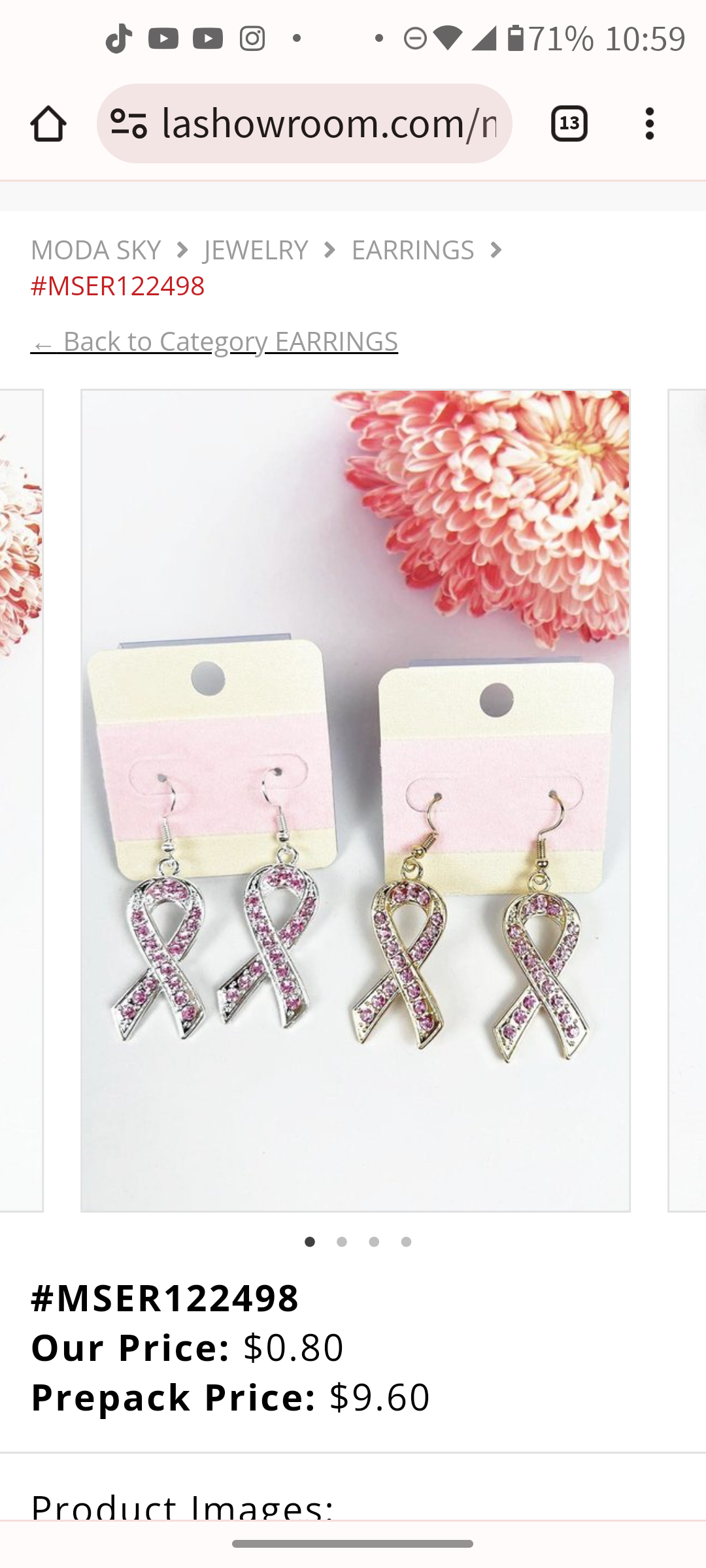 Ladies Teens Women Rhinestone Breast Cancer Awareness Ribbon Earrings