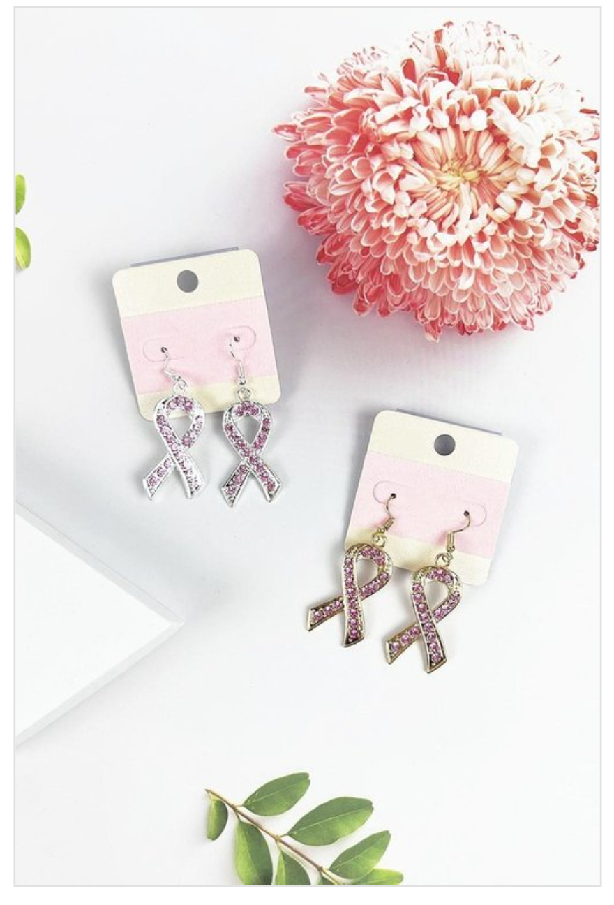 Ladies Teens Women Rhinestone Breast Cancer Awareness Ribbon Earrings