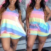 Ladies Women Casual Summer Sleeveless Plus Size V Neck Striped Two Piece Short Set
